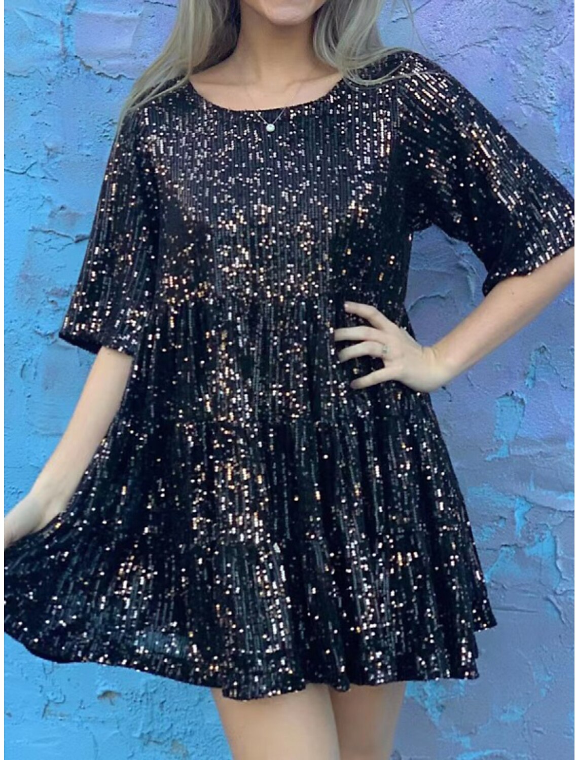 Abito da donna con paillettes argento, abito da festa, abito scintillante, abito da ballo, mini abito nero viola, manica corta, estate, primavera, autunno, scollo rotondo, abito estivo, vestibilità ampia